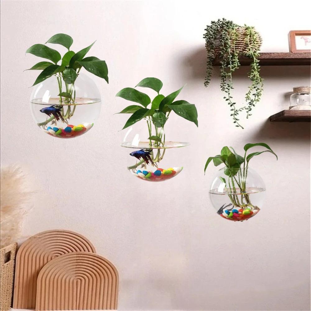 Minimalist Glass Wall Mounted Round Shape Vase Hydroponic Plant Glass Bottle Creative Green Plant Decoration for Living Room