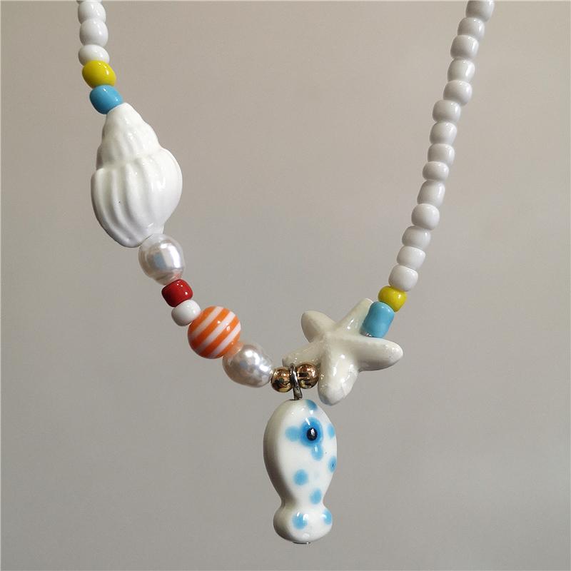 Collar Gargantilla de Cuentas con Colgante de Pez y Estrella de Mar de Cerámica Colorida de Verano para Mujer Accesorios de Joyería Romántica Boho de Playa