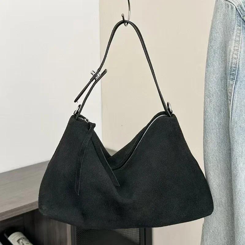 Women's Soft Matte Suede Leather Handbag Lady Cowhide Shoulder Crossbody Bag Simple Cow Leather Colleti Grey Brown Tote Bags