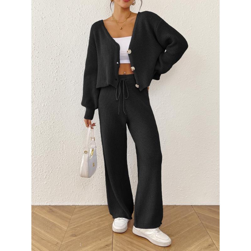 Women S Two Piece Set Long Sleeve Open Front Cardigan Wide Leg Pants Solid Color