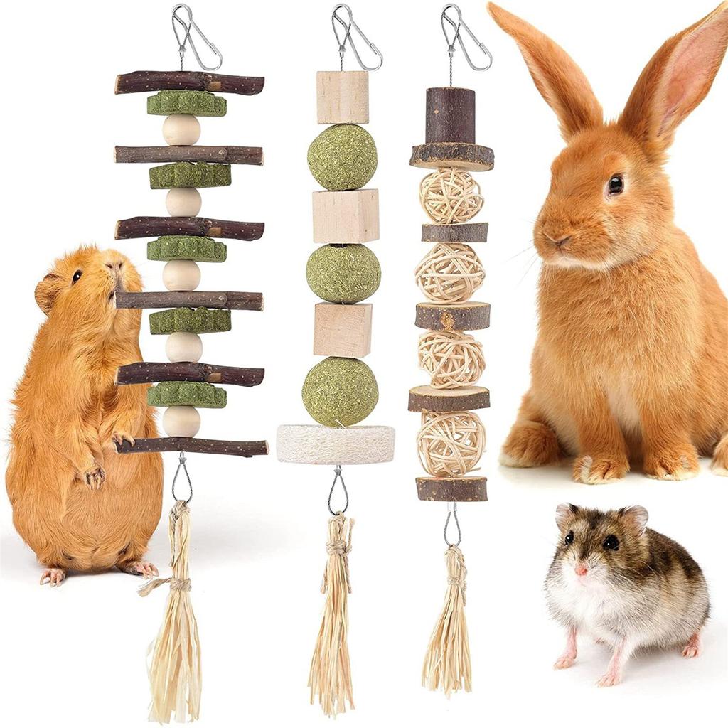 3 pièces Jouet à mâcher Lapin pour les dents Boule de foin Bloc de bois Mastications d'herbe Sûr et Naturel pour Hamsters Cobayes Gerbilles