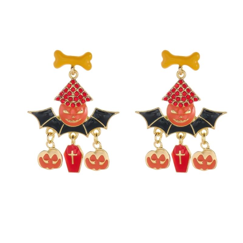 Halloween Party Earrings, Stud Top Drop Pair with Enamel Style Finish for Photo Looks, Fall Gatherings, and Dress Up