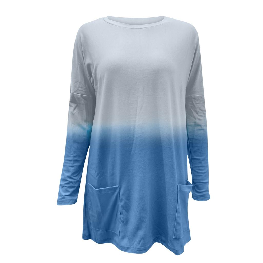 Long Tunic Pullover Sweatshirt Blouse Tops For Women Long Sleeve Casual Baggy Pullover Jumper Pocket Tunic Gradient Wear T-Shirt Tops