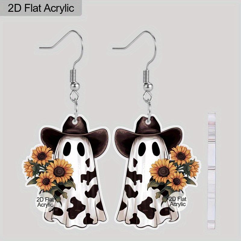 2D Flat Halloween Earrings Leopard Ghost Sunflower Pattern Acrylic Dangle Earrings Halloween Theme Party Women Girls Jewelry Gift