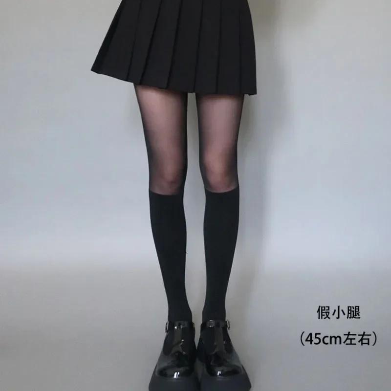 Women's Sexy Patchwork Sheer Black Thigh High Fake Stockings Slim Perfect Legs Tights Stripe Over Knee Pantyhose Female Hosiery