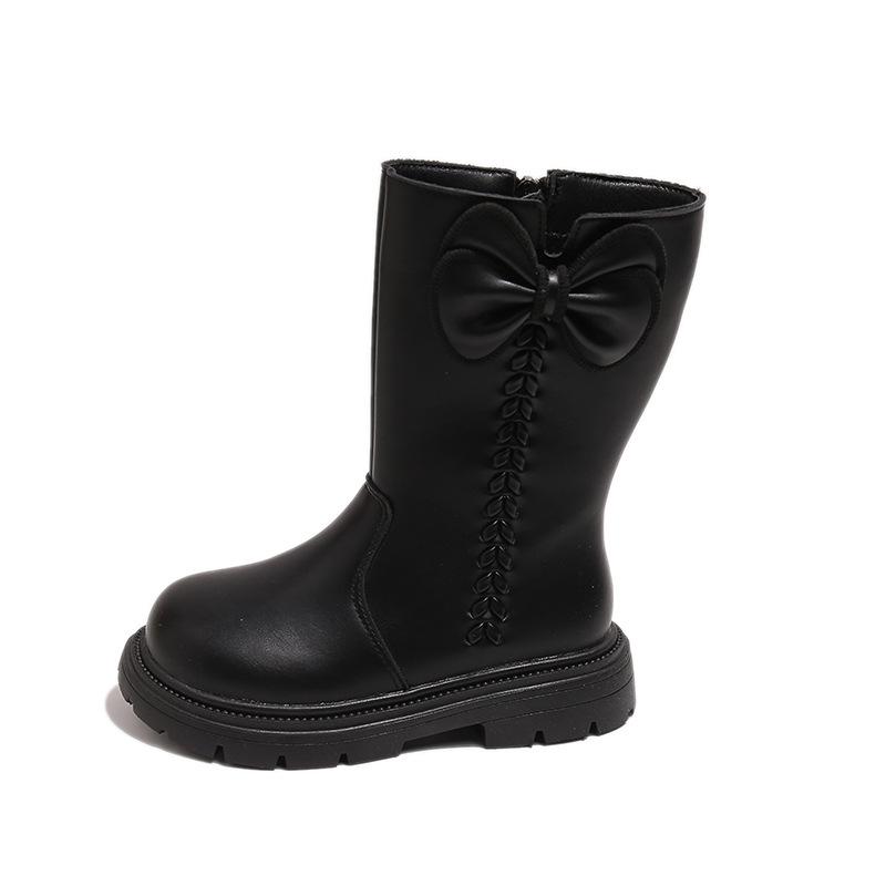 Dívčí kozačky po koleno v britském stylu s fleecovou podšívkou a mašlí - Móda podzim/zima 2025 pro malé princezny s měkkou podrážkou