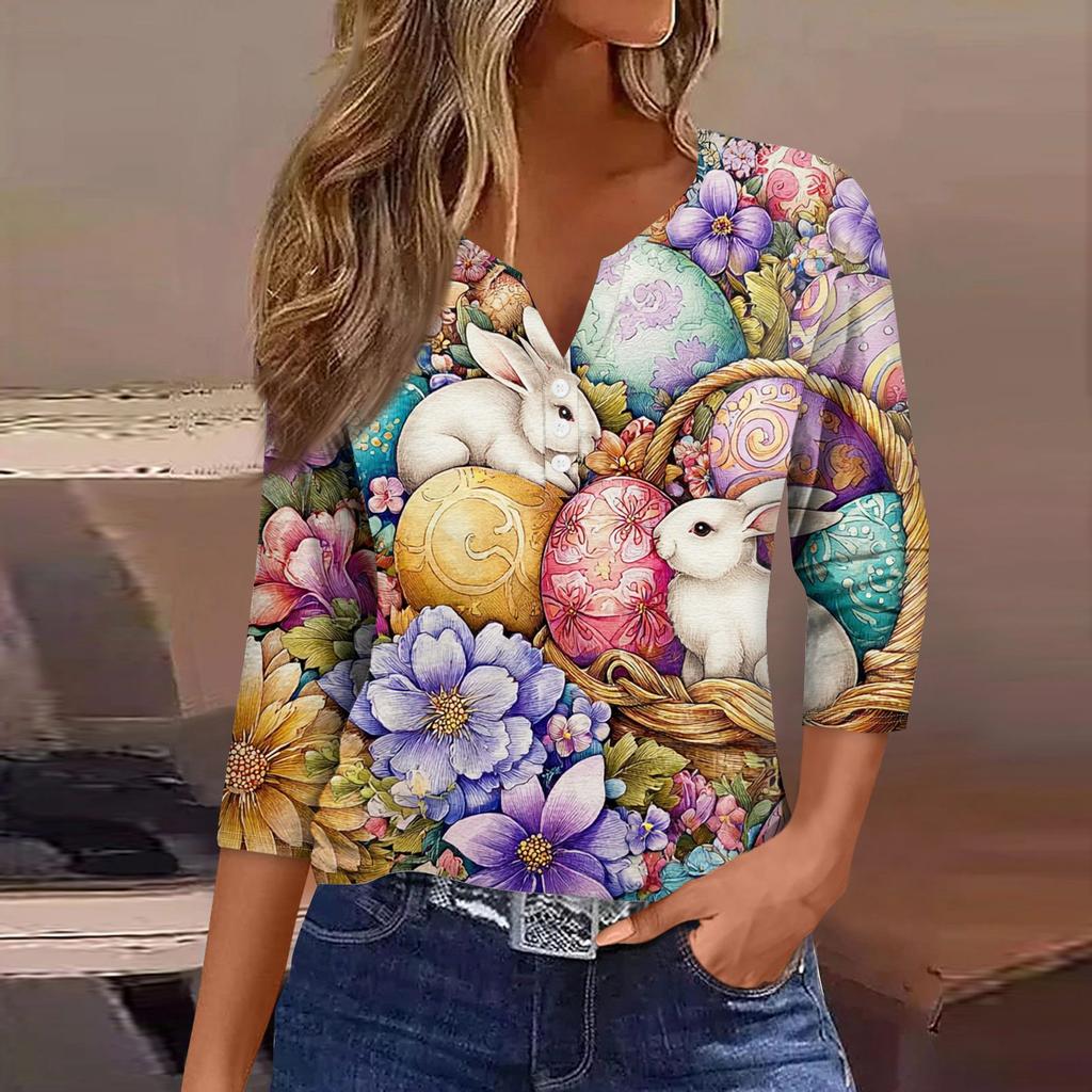Women's Fashion Casual Easter Printed V-neck Short Sleeve Decorative Button Seven Sleeve T-shirt Top