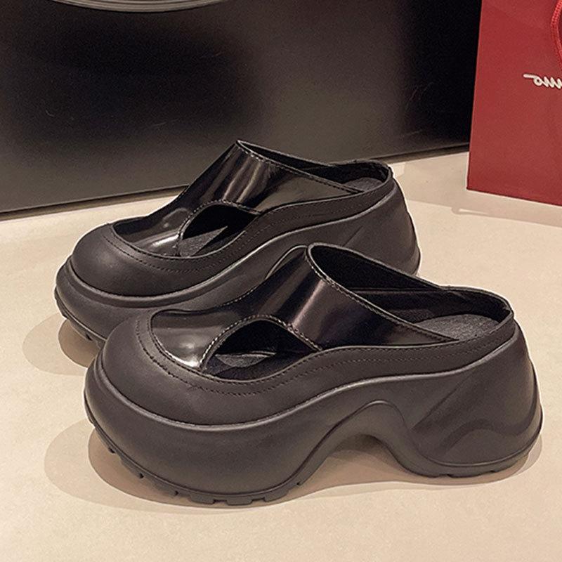 Baotou Half Slippers Women's Summer Wear 2025 New Internet Celebrity Hollow Breathable Sandals Thick Sole Height Increase Small Women's Shoes