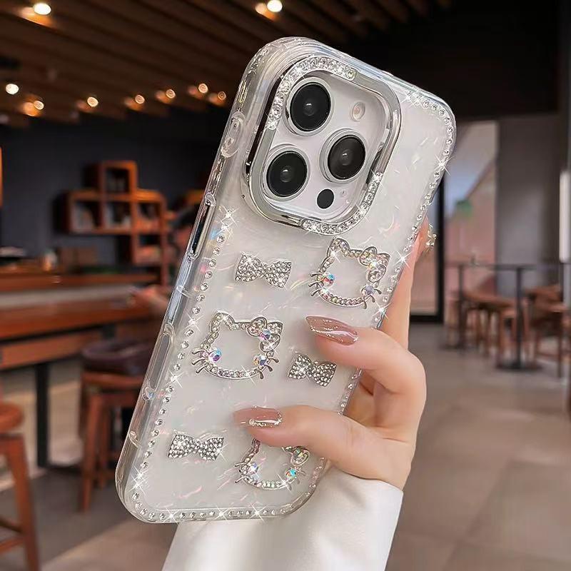 Rhinestone Three-dimensional Bow Kt Cat Shell Pattern for iPhone16promax Apple 15 Mobile Phone Case 14 New Models