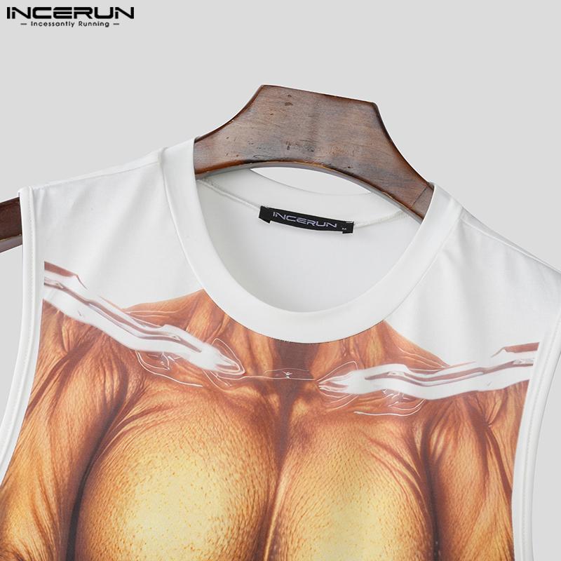 INCERUN Men Sleeveless 3D Muscle Print Casual Loose Long Tank Tops