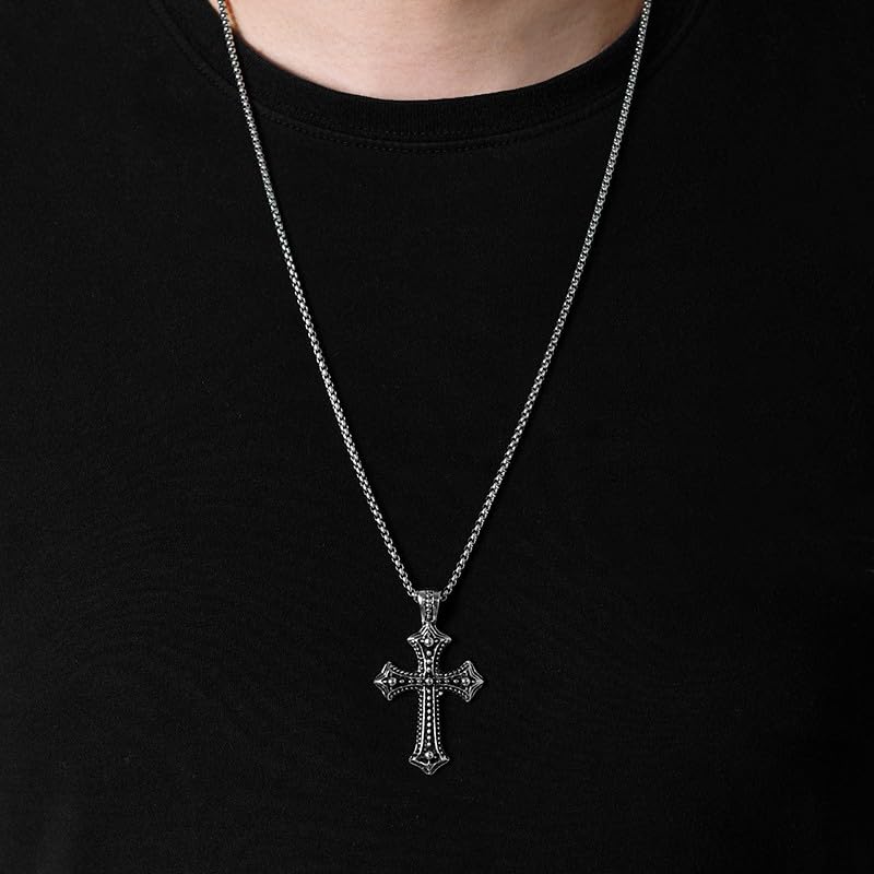 Silver Cross Pendant Necklace with Titanium Venetian 70cm Punk Boyfriend Gift [Rockyu] Men's Dots, Engraved, Stylish, Steel, Chain, Long, Amulet,