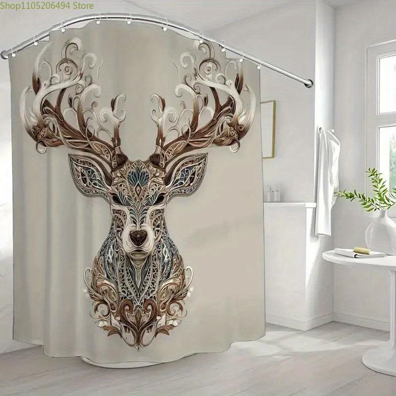 A Vintage Deer Head Shower Curtain, Artistic Decoration, Christmas Shower Curtain, Includes 12 Hooks, 180*180Cm Bathroom Curta