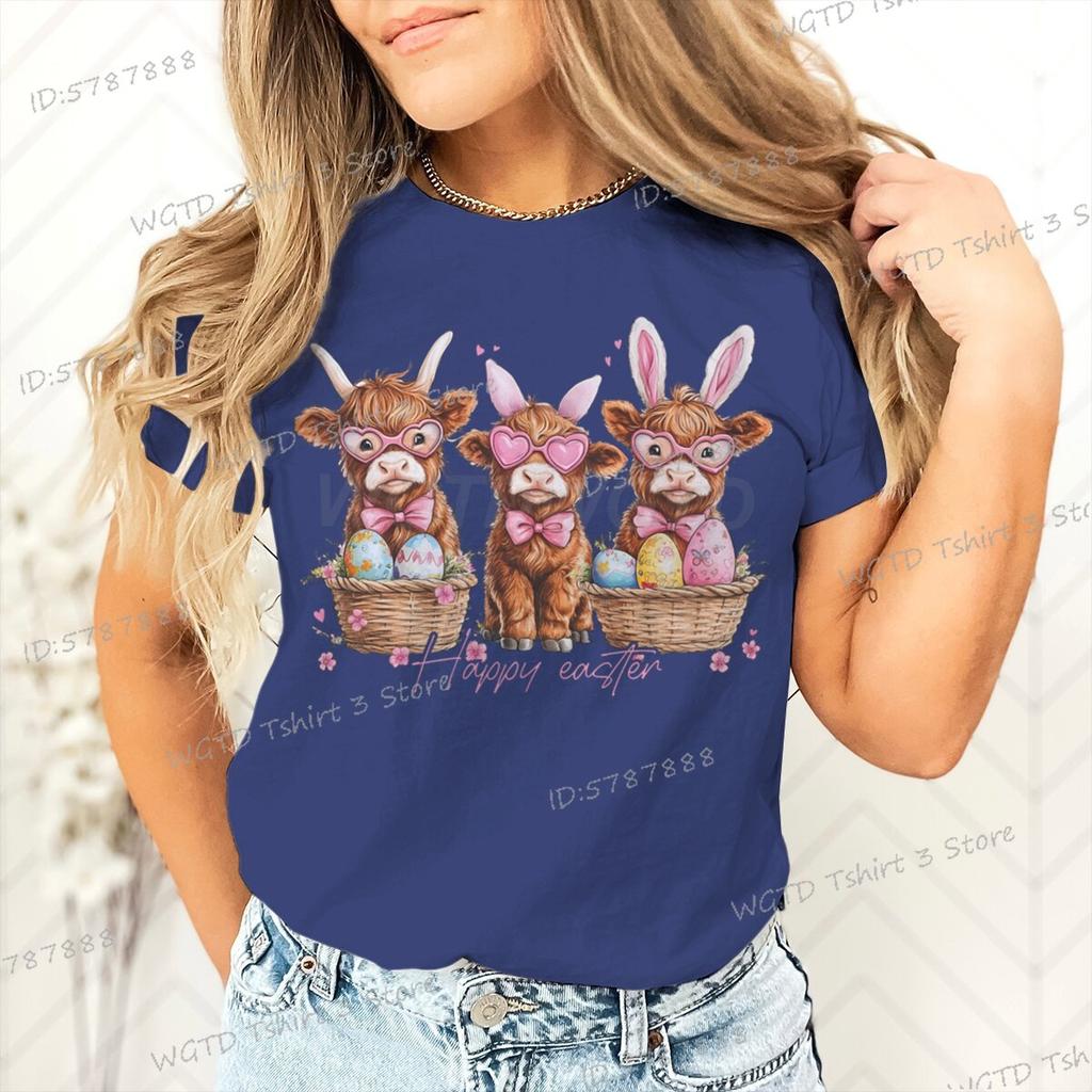 Happy Easter Day T-shirt Female Easter Cute Highland Cow Graphic T Shirts Women Cute Cow Gift for Women Retro Easter Vibes Shirt
