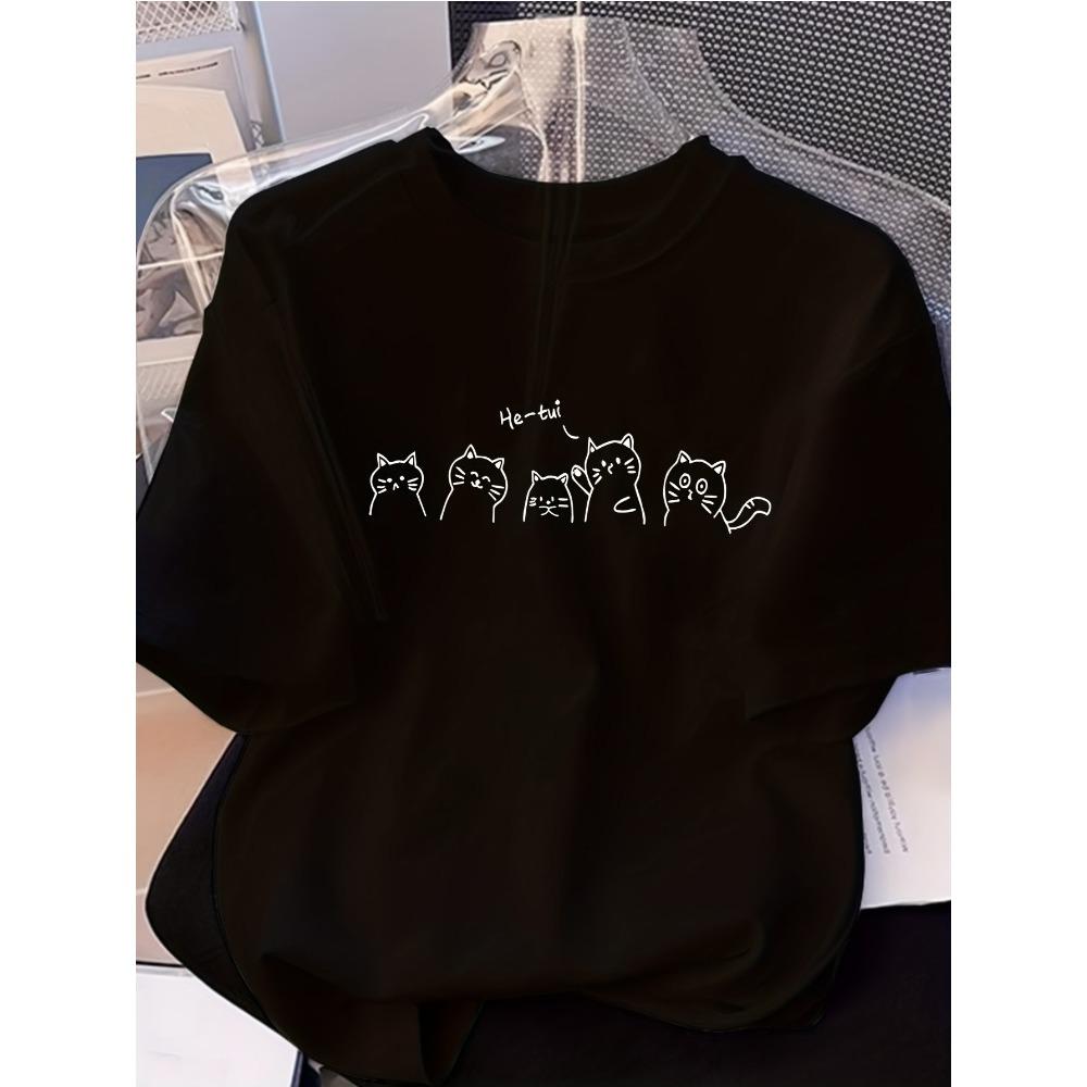 

Women s Minimalist Cat-Face Print T-Shirt Soft, Everyday Casual Top -Fit Crew Neck Short Sleeve Breathable Comfort Design XS