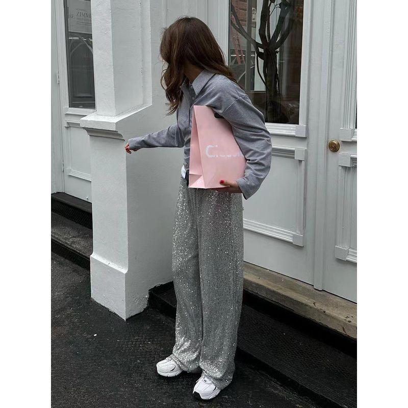 European and American Fashion Pearlescent Sequins Straight Mop Pants Fashion Sequin Straight Leg Pants