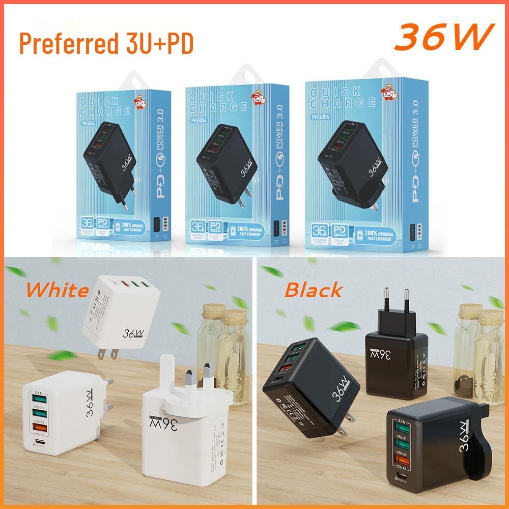 36W Multi-Port Charger with 3A+1C Ports, UK Standard, High-Power 3.1A Flash Charging