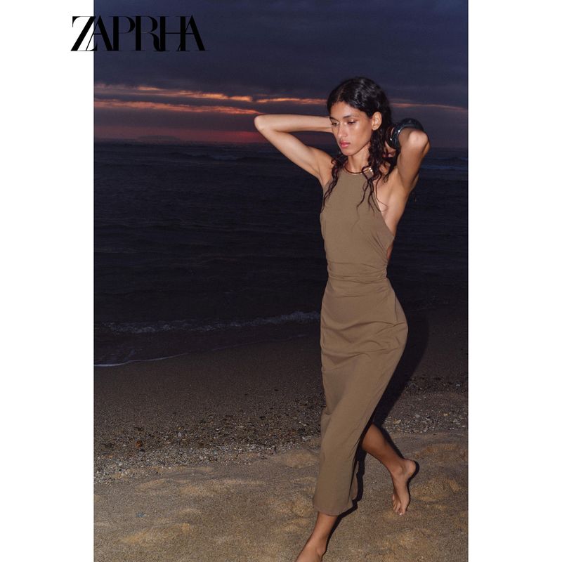 Zaprha 2025 Summer New Accessories Temperament Hanging Neck Midi Casual Dress Waist Hugging Slimming 3564092