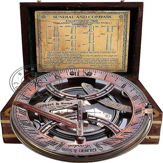 12.7 cm Steampunk Gilbert Sundial kompas najwyższej klasy ręcznie robiony mosiężny zegar słoneczny w drewnianym pudełku z wykresem równań