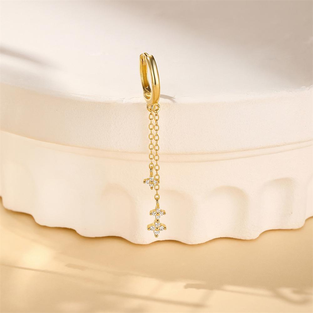 Factory Cheap 925 Sterling Silver Star Clover Zircon Long Tassel Chain Gold Plated Dangling Hoop Earrings for Women