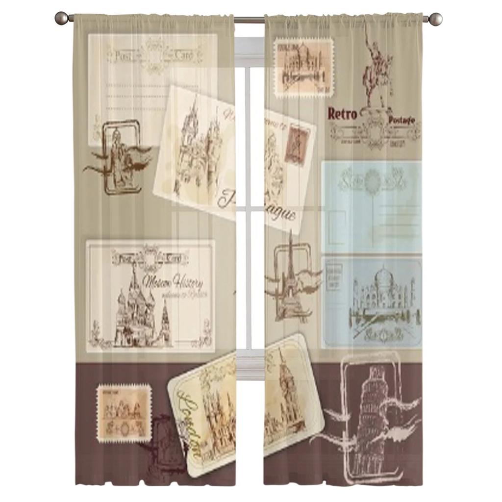 Vintage Postcards Template Sheer Curtains for Living Room Transparent Tulle Window Curtain Bedroom Kitchen Decor Veil Drapes