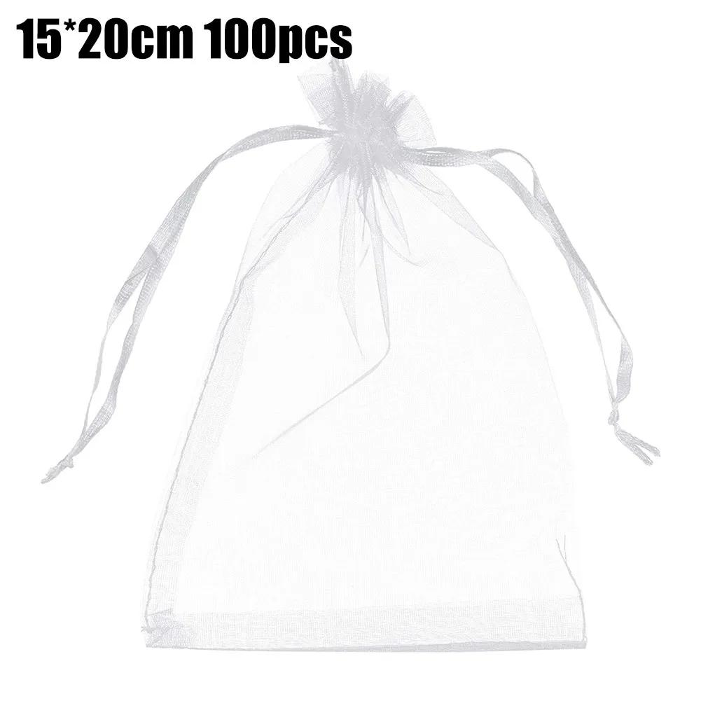 100Pcs White Organza Bags Jewelry Drawstring Pouches Wedding Party Christmas Candy Bags Jewelry Packing