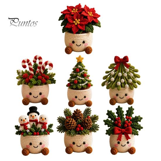 Holiday Gift Ideas for Family Simulated Crochet Christmas Potted Decor, Knitted Mini Artificial Tree Flower Handmade Crocheted Yarn Flowers Ornament,