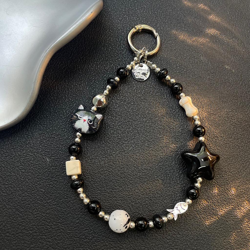 New Phone Chain Beaded Bow Cute Cat Charm Accessory Wrist Strap for Mobile