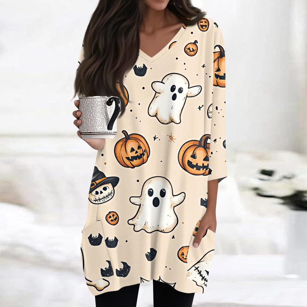 Womens Tops V-neck 3/4 Sleeve Blouses Casual Mid-length Shirts Fashion Halloween Print Tunic Tops With Pockets