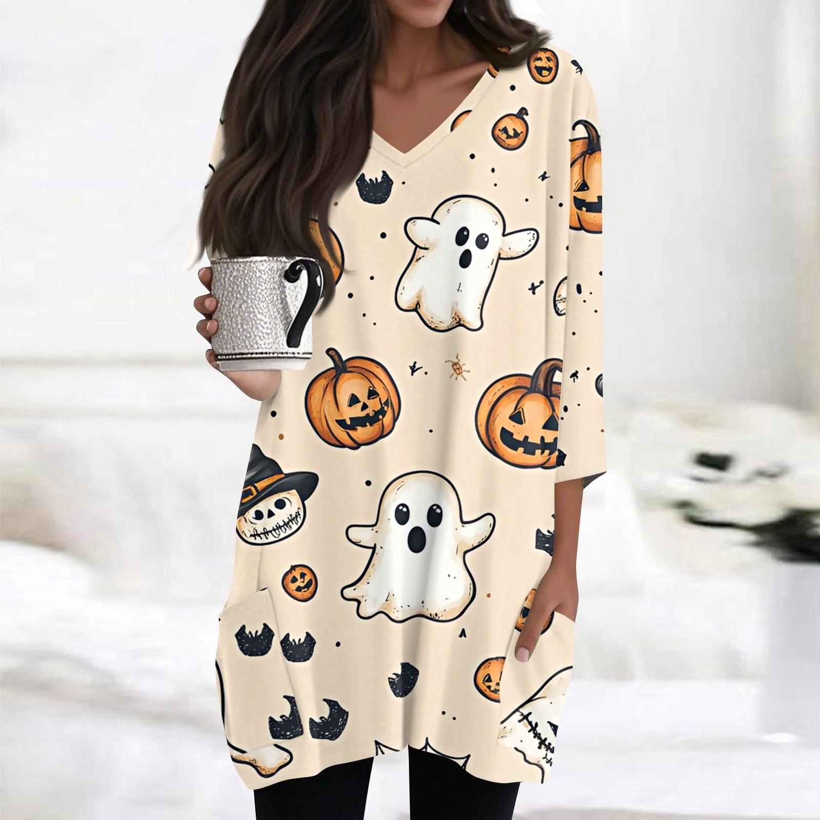 

Женские топы с V-образным вырезом и рукавом 3/4, повседневные блузки средней длины, модные туники с принтом на Хэллоуин и карманами M бежевый