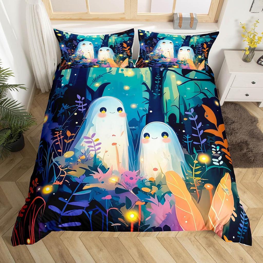 Cute Ghost Duvet Cover Twin King Halloween Bedding Set For Kids Girl Microfiber Horror Theme Comforter Cover With 2 Pillowcases