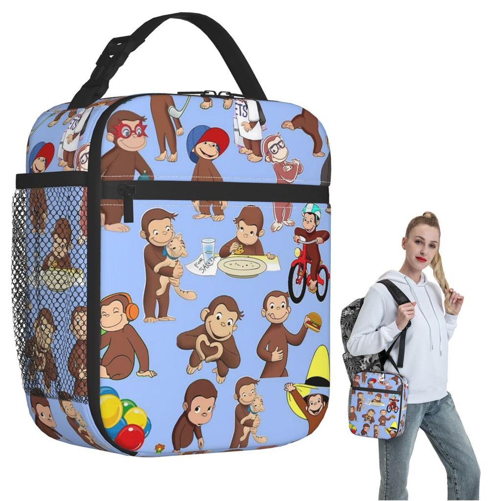Anime Curious George Monkey Insulated Lunch Bag for Women Children Leakproof Food Boxes Thermal Lunch Box Tote