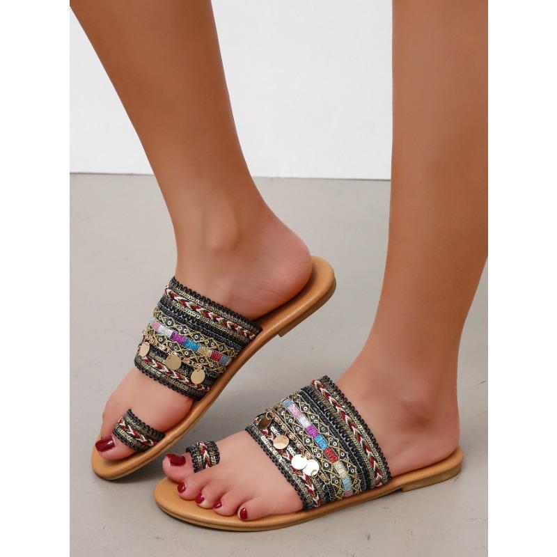 Summer New Large Size One-word Cool Slippers Flat-bottomed Fish Sequins Candy-colored Women's Slippers