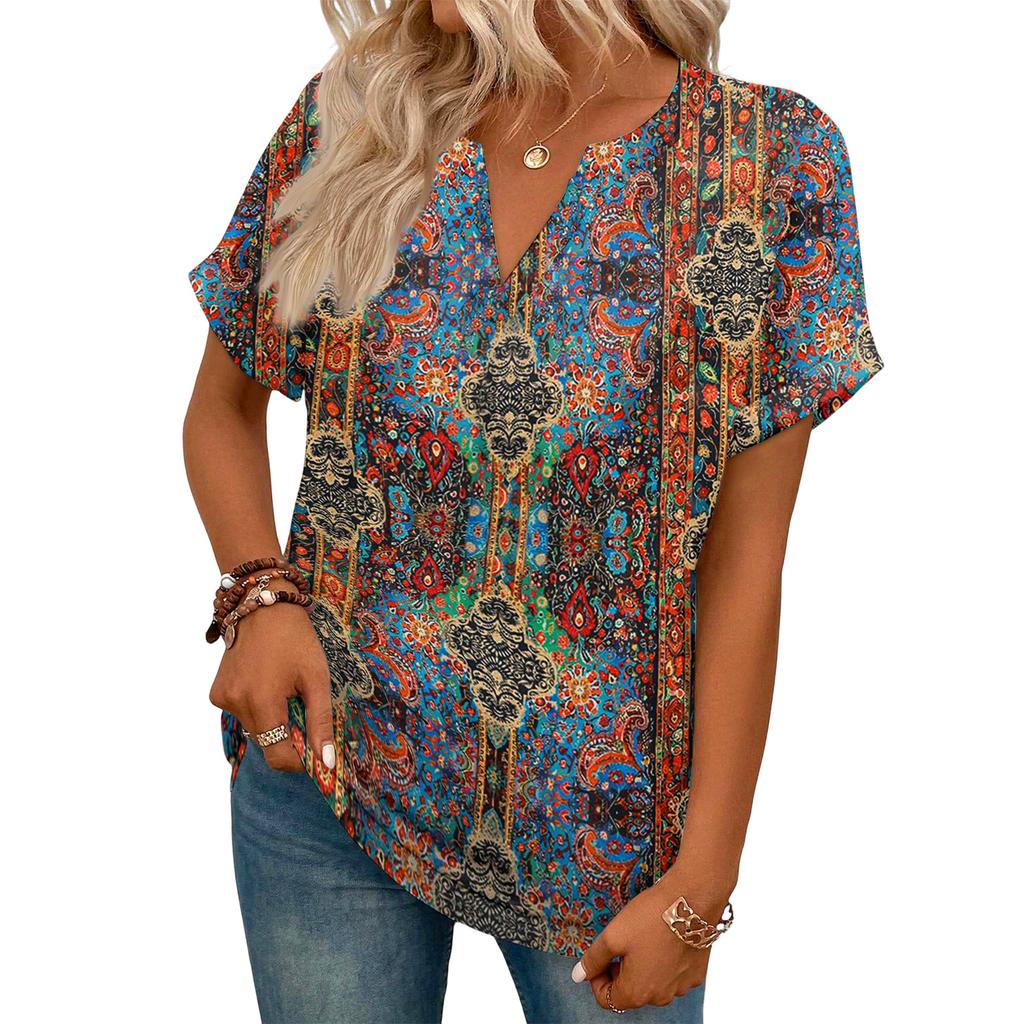 Stylish Women's Casual V-neck Short-sleeved Retro Print T-shirt