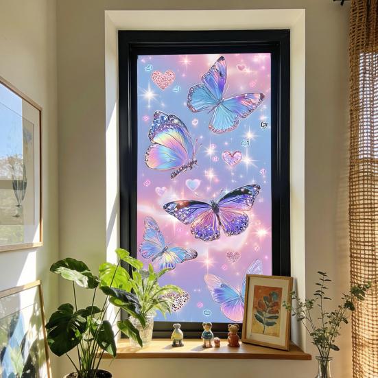Window Privacy Film Stained Glass Flower Butterfly Decorative Window Sticker Heat Control Non-Adhesive Static Glass Cling for Home Bathroom Kitchen