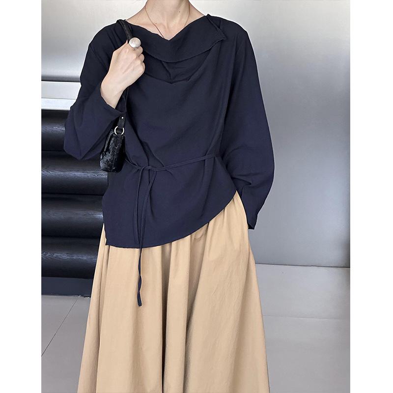 Orange Zhi Spring Women's Tie-Up Loose Fit Shirt with Stacked Collar - Versatile, Simple, and Stylish