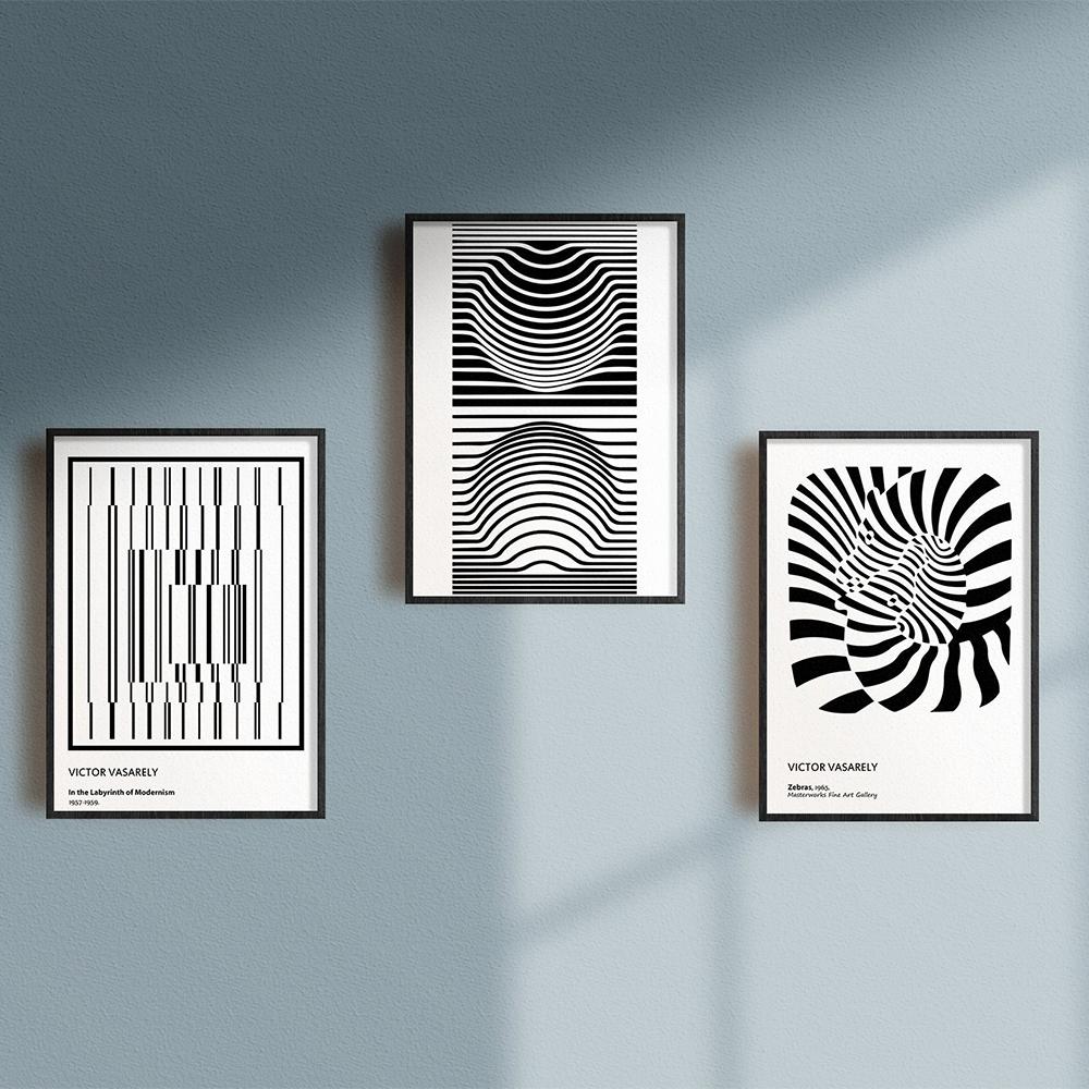 Victor Vasarely Ausstellungs-Kunstdruck, Illusion, Schwarz-Weiß-Poster, abstrakte geometrische optische Leinwand, Malerei, Wanddekoration