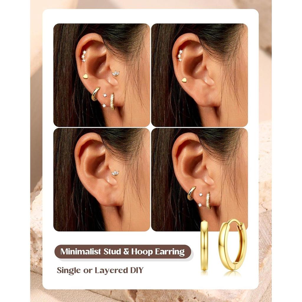 Bobisty 6Pairs Earrings for Women 14K Gold Plated Stud Hoop Stacks Earrings Set 316L Surgical Steel Earring Piercing Jewellery