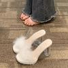 Coarse Heel Open-toed Temperament Fashion Platform Slippers 2025 Summer Transparent Crystal High Heels Fashion Fluffy Shoes Sandals