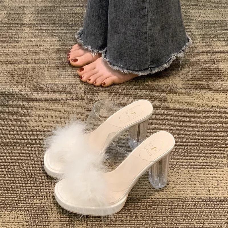 Transparent Crystal High Heels Fashion Temperament Fashion Platform Slippers 2025 Summer Thick Heel Open Toe Fluffy Shoes Sandals