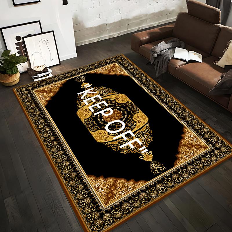

Black Gold Carpet with Keep Off Text and Ornate Mandala Design Suitable for use as an anti-slip for living room bedroom sofas 40x60cm( 15x23in )
