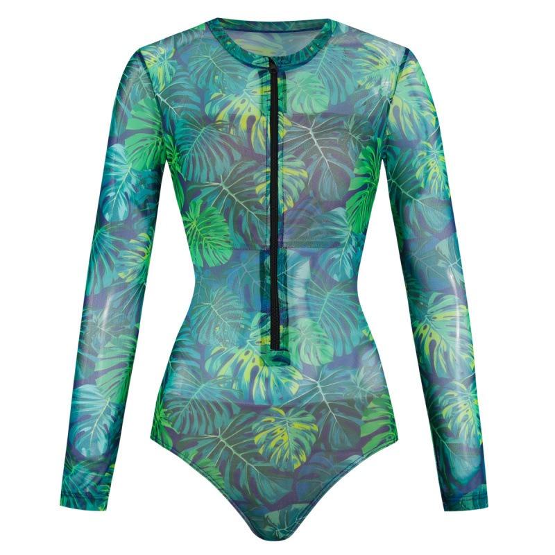 Tropical Print One-piece Smart Swimsuit Women's European and American Zipper Sports Sun Protection Quick-drying