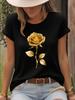 Golden Rose Print T-Shirt Short Sleeve Crew Neck Casual Top for Summer  Clothing Fashion Harajuku Kawaii T-shirt  Y2K Clothing