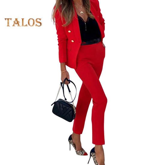 2 ks/sada Lady Formal Coat Kalhoty Set Dlouhé rukávy Knoflík Dekor Klopa Cardigan Bunda střední délky Rovná Vysoký pas Kalhoty Formální Business