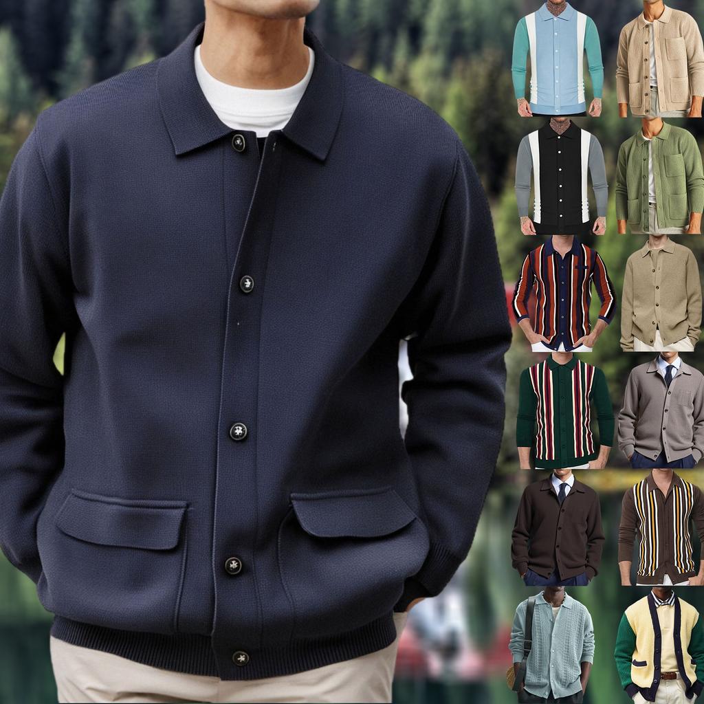 Men's Casual Solid-Color Knitted Cardigan With Pockets, Lapel Jacket Outerwear