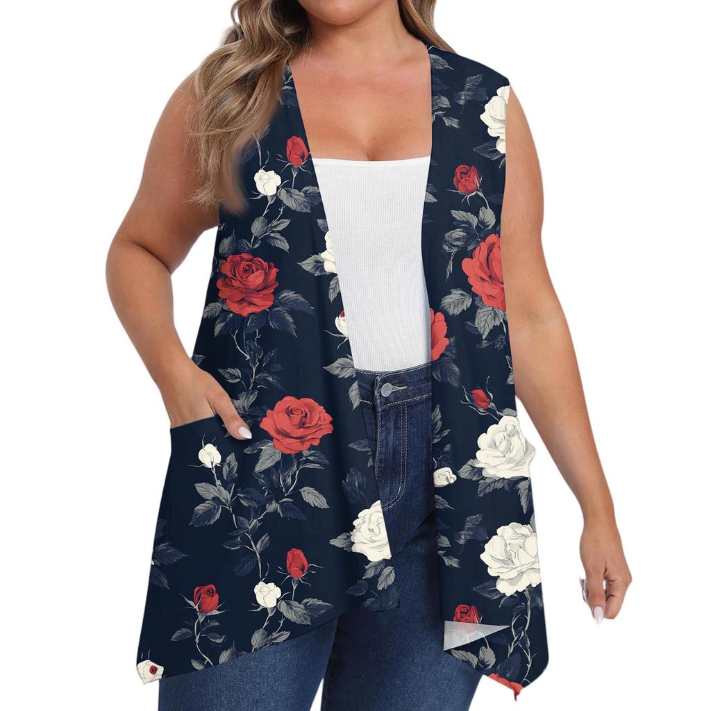 Women's Oversized Loose Casual Printed Sleeveless Vest With Pocket Cardigan Jacket Cardigan Jacket