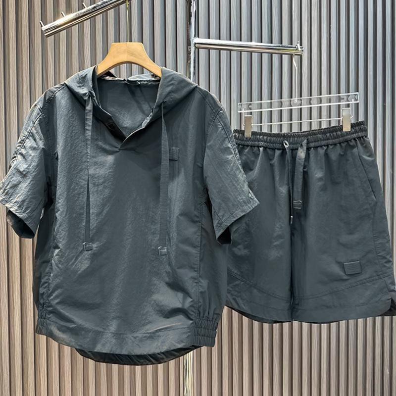 Men's Summer Casual Solid Color Two-Piece Sportswear Set - Hooded Pullover & Shorts