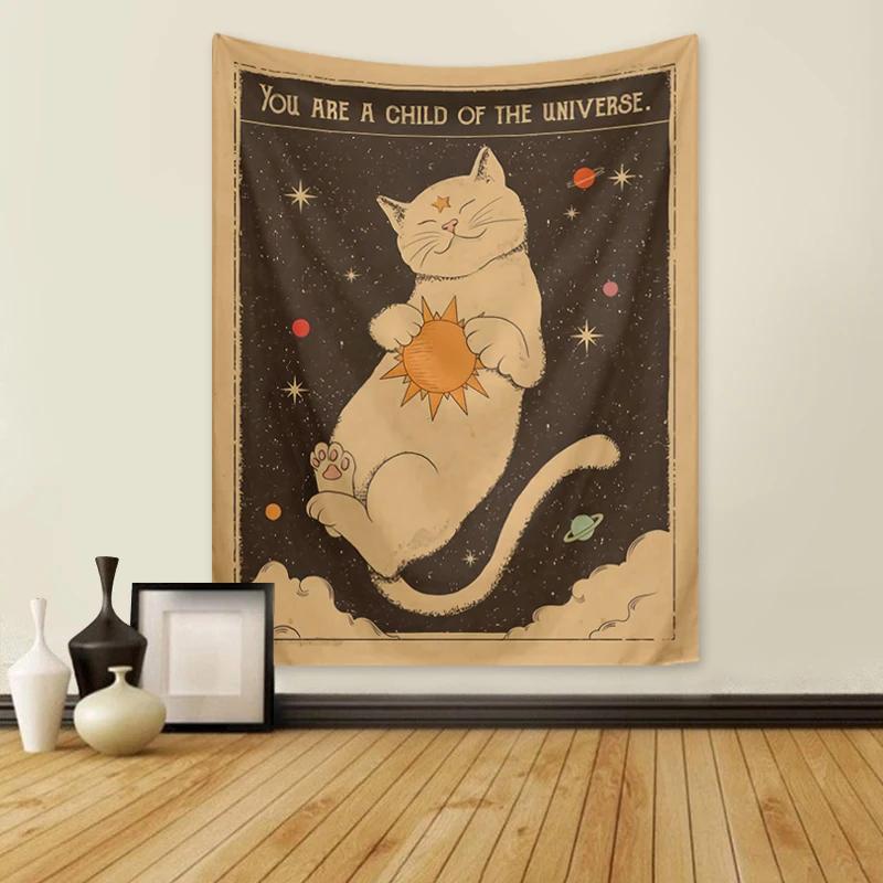 Tarot Cat Tapestry Moon Phase Sun Universe Starry Sky Tapestry Cute Cat Wall Art Decor