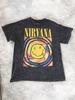 Camiseta de Banda con Logo de Cara Sonriente de Nirvana, 100% Algodón, Lavado Ácido Negro
