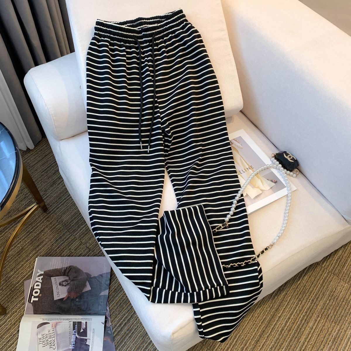 

Черно-белые брюки широкие от бедра женские брюки в полоску повседневные брюки-трубы с высокой талией повседневные брюки свободные брюки XL