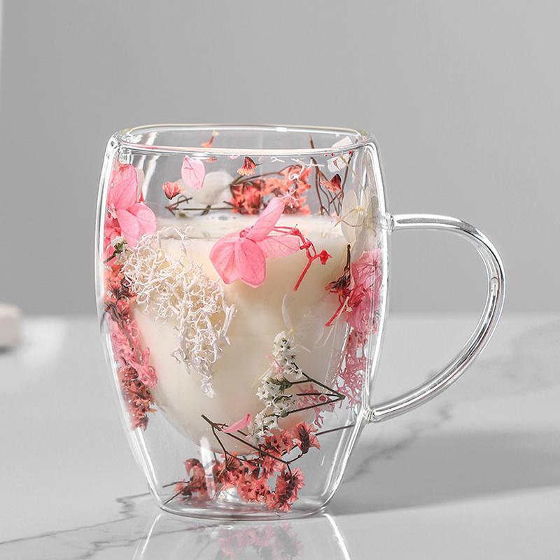 Double Wall Clear Glass Coffee Mugs Creative Clear Glass Cups with Handle Flowers Double Insulated Glass Cup for Hot Cold